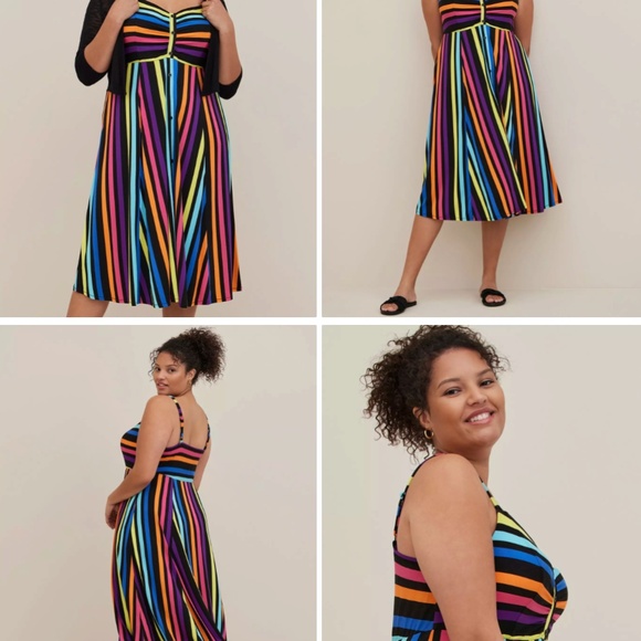 Torrid Super Soft Button-Front Midi Sundress, 2x, Black & Rainbow Stripes - Picture 4 of 4